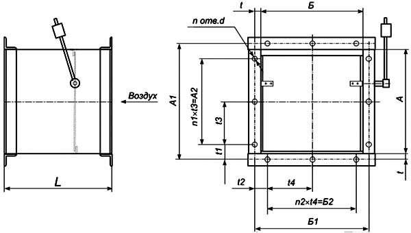 Основные размеры и характеристики клапанов взрывозащищенных прямоугольного сечения