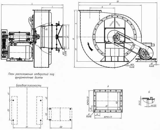 Габаритные и присоединительные размеры вентиляторов типа ВДН и ДН